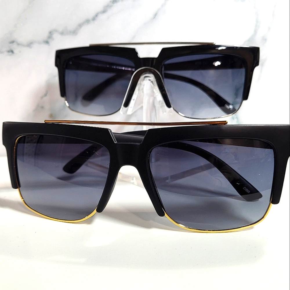TWO Pair Retro square top sunglasses/shades gold/black & silver/black NEW funky